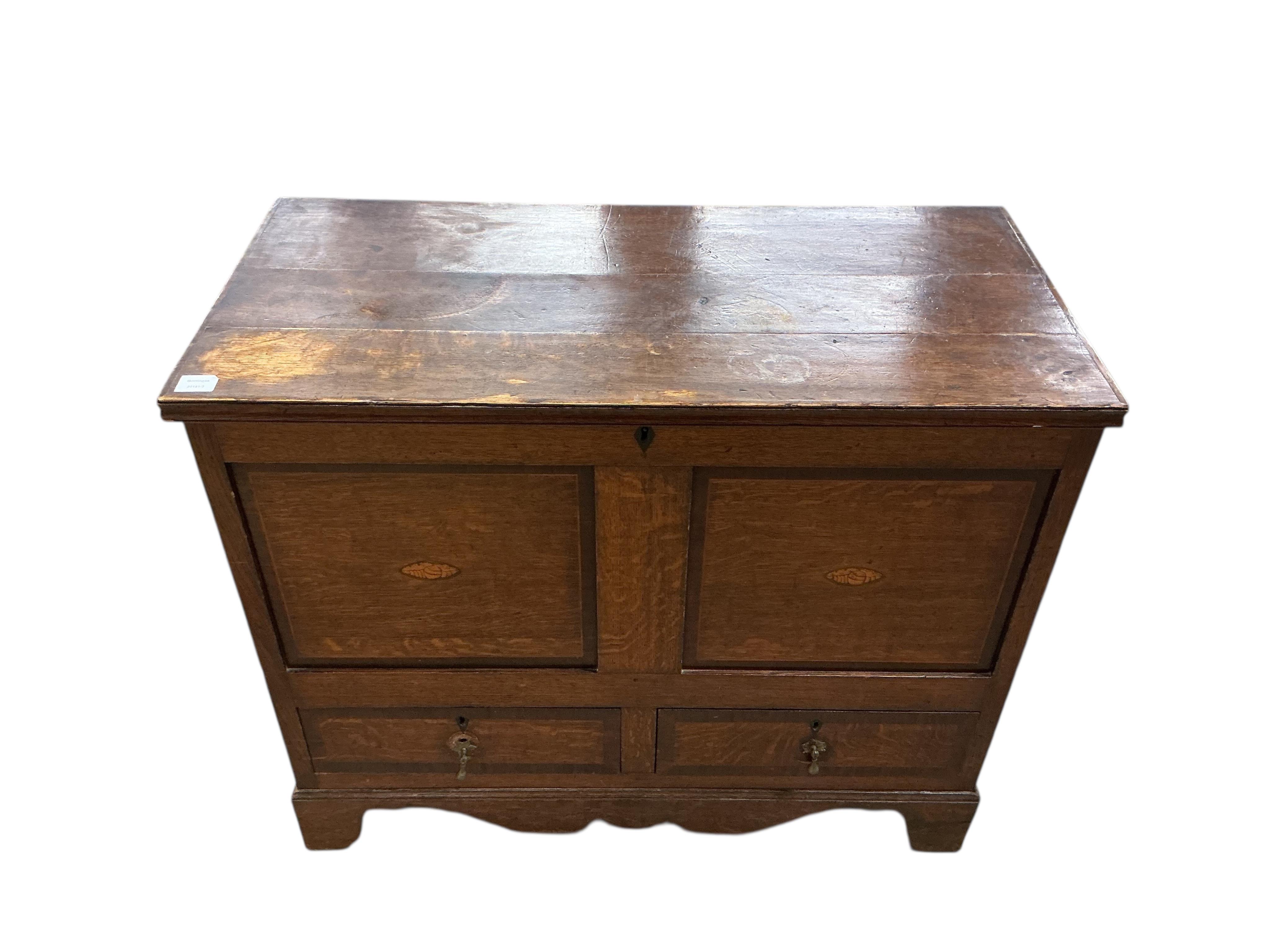 A 19th century inlaid oak mule chest, width 104cm, depth 50cm, height 86cm